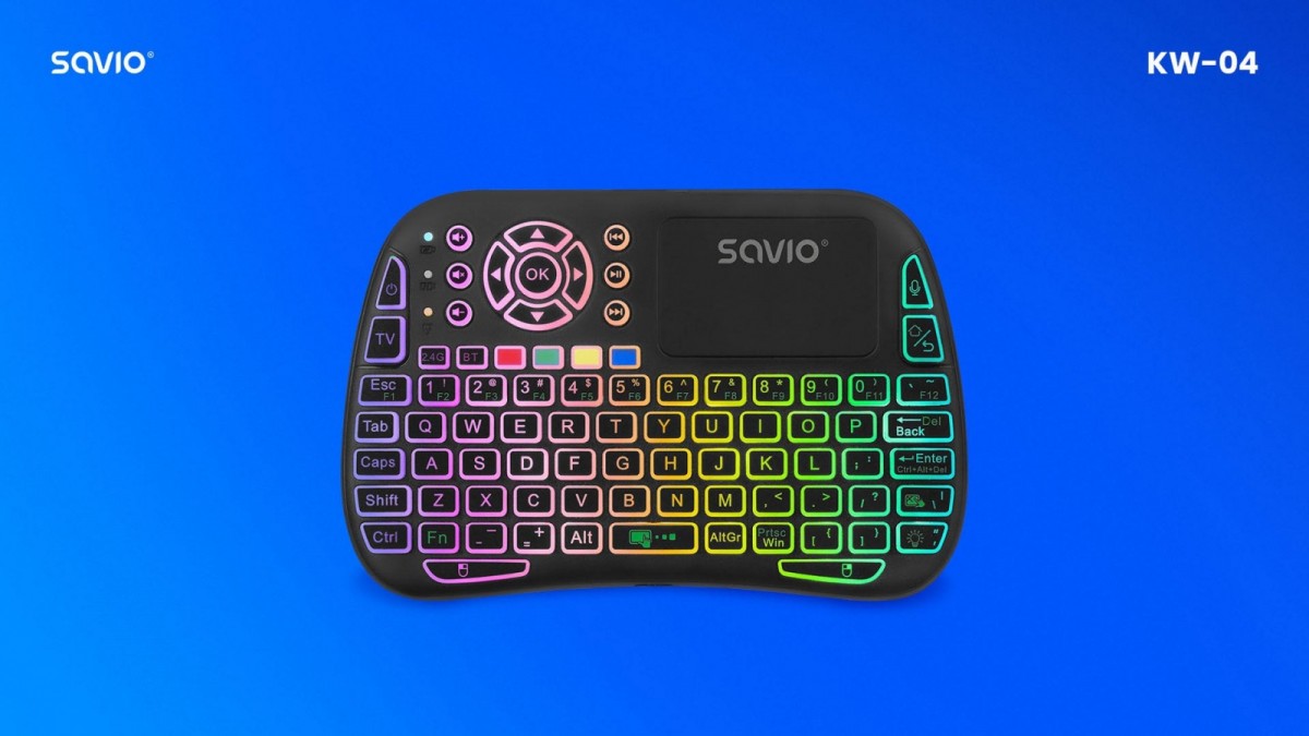 Savio kw-04 apšviesta belaidė klaviatūra rgb bt + 2,4 ghz, tv dėžutė, išmanusis televizorius, pultai, kompiuteris