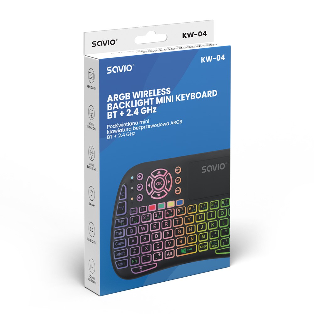 Savio kw-04 apšviesta belaidė klaviatūra rgb bt + 2,4 ghz, tv dėžutė, išmanusis televizorius, pultai, kompiuteris