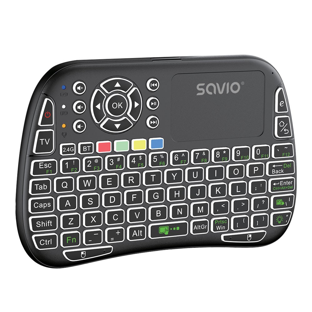 Savio kw-04 apšviesta belaidė klaviatūra rgb bt + 2,4 ghz, tv dėžutė, išmanusis televizorius, pultai, kompiuteris
