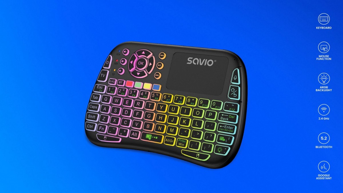 Savio kw-04 apšviesta belaidė klaviatūra rgb bt + 2,4 ghz, tv dėžutė, išmanusis televizorius, pultai, kompiuteris