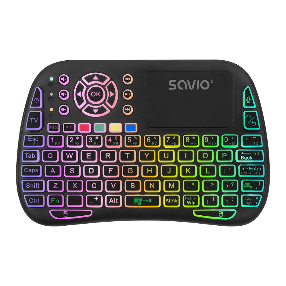 Savio kw-04 apšviesta belaidė klaviatūra rgb bt + 2,4 ghz, tv dėžutė, išmanusis televizorius, pultai, kompiuteris