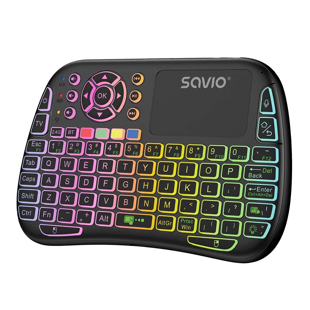 Savio kw-04 apšviesta belaidė klaviatūra rgb bt + 2,4 ghz, tv dėžutė, išmanusis televizorius, pultai, kompiuteris
