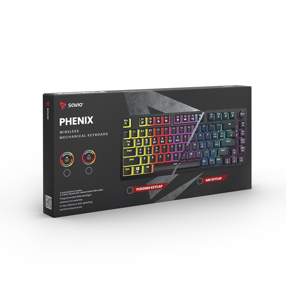 Savio phenix belaidė mechaninė klaviatūra, gateron yellow pro, abs