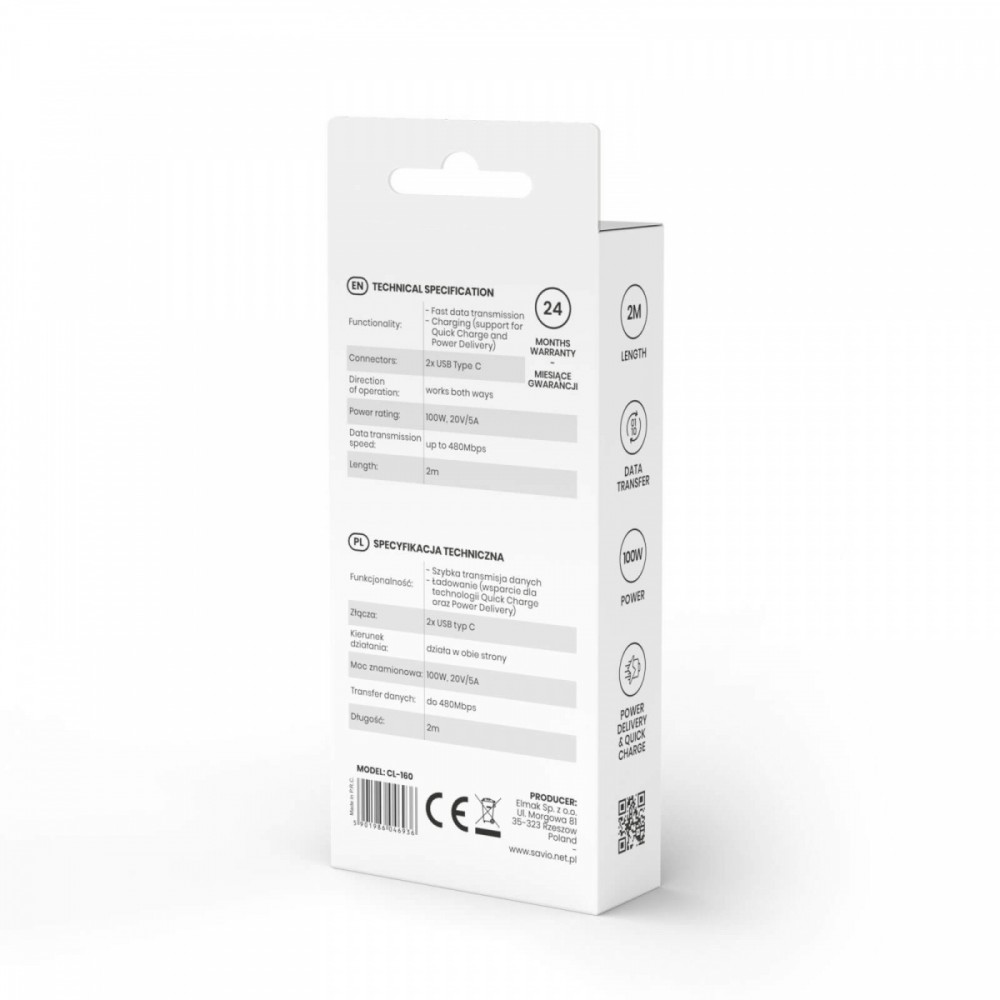 Maitinimo laidas savio cl-160, usb-c, 2 m