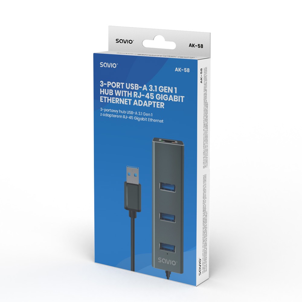 Savio 3-port usb-a 3.1 gen 1 rj-45 gigabit ethernet
