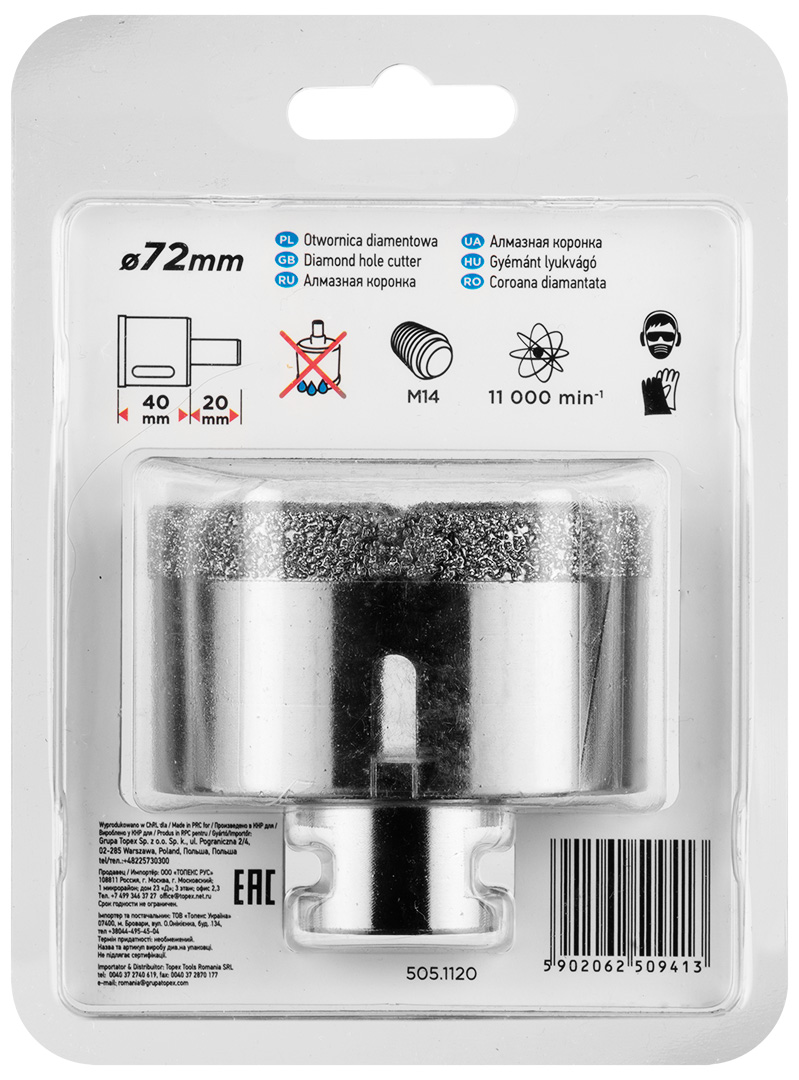 Graphite otwornica diamentowa 72 mm x m14 55h316 graphite