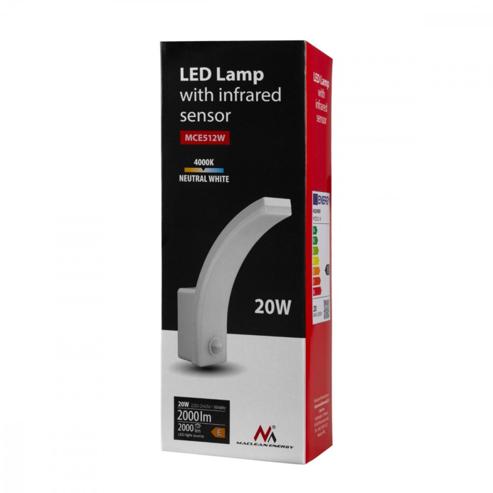 Maclean LED lempa su judesio jutikliu, PIR judesio jutiklis, balta, 20W, IP65, 2000lm, neutrali balta spalva (4000K) MCE512 W