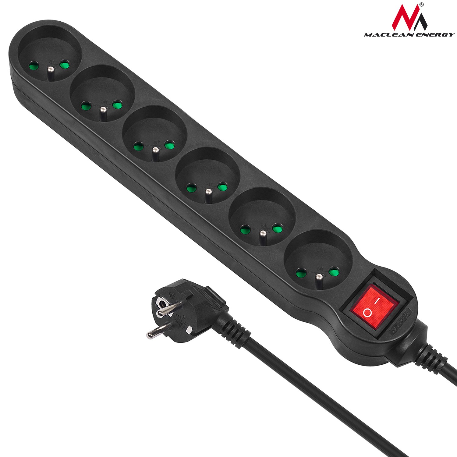 Mce225 maitinimo juosta su 6 lizdais ir apšviestu jungikliu, 2300w, 1.5m