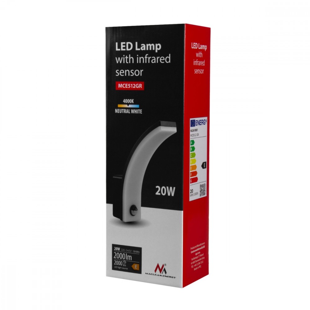 Maclean LED lempa su judesio jutikliu, PIR judesio jutiklis, pilka spalva, 20W, IP65, 2000lm, neutrali balta spalva (4000K) MCE5