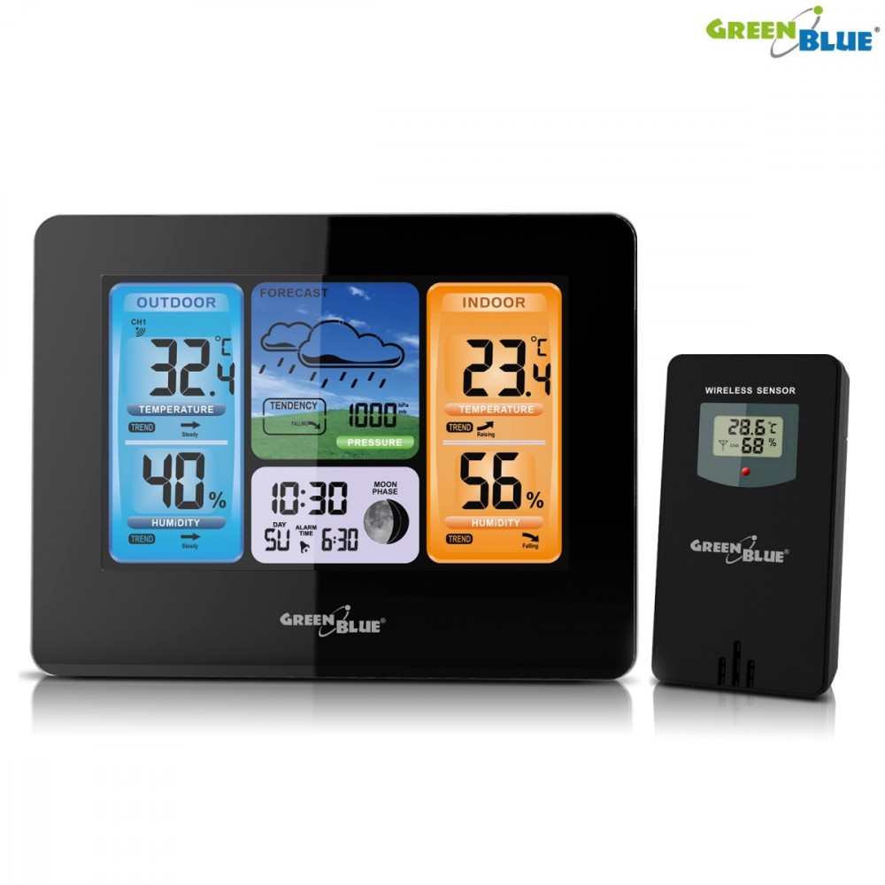 Belaidė spalvota meteorologinė stotis GreenBlue su DCF sistema (GB526)