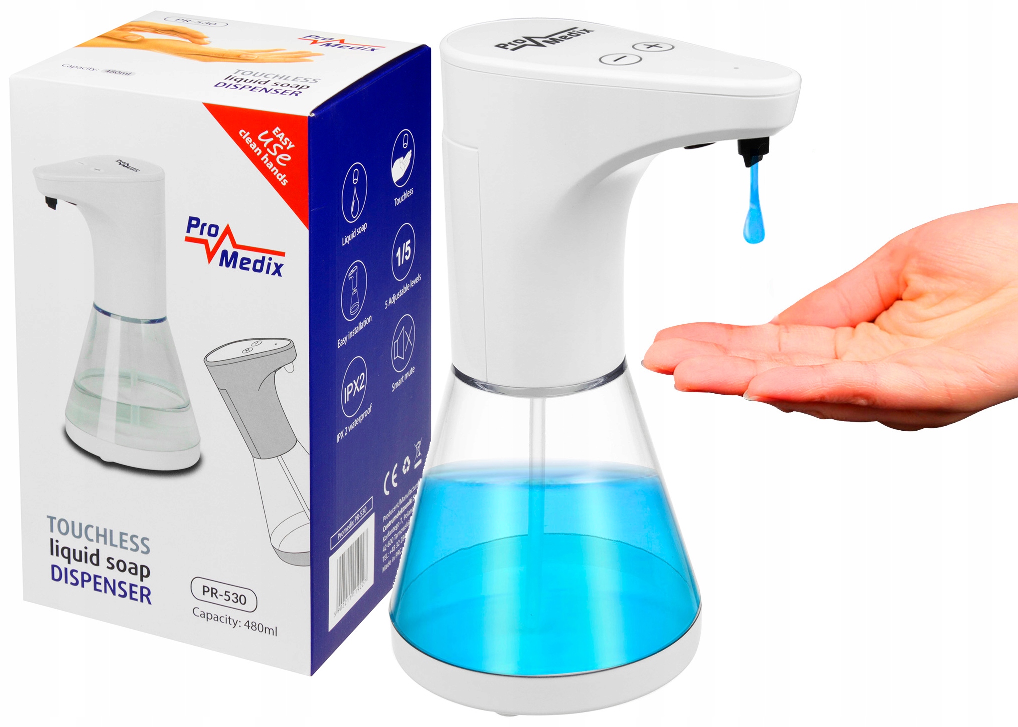 Automatinis dozatorių talpyklų skystis muilams, dezinfekavimo priemonėms ir geliams Promedix PR-530 480ml