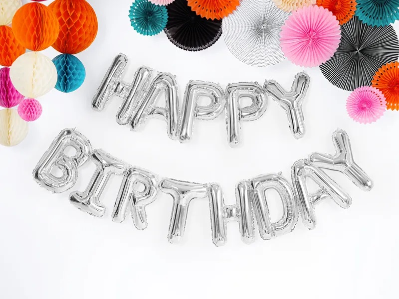 Foliniai balionai Happy Birthday 340x35 cm, sidabriniai, 50 vnt.