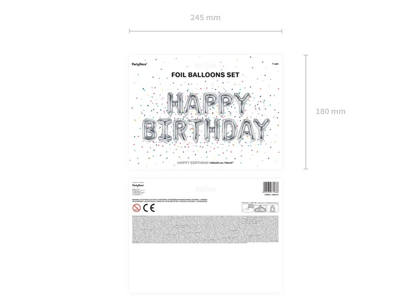 Foliniai balionai Happy Birthday 340x35 cm, sidabriniai, 50 vnt.