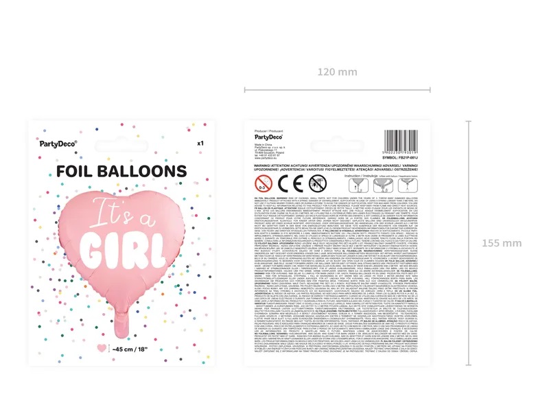 Partydeco folijos balionas, 45 cm, šviesiai rožinis / it`s a girl