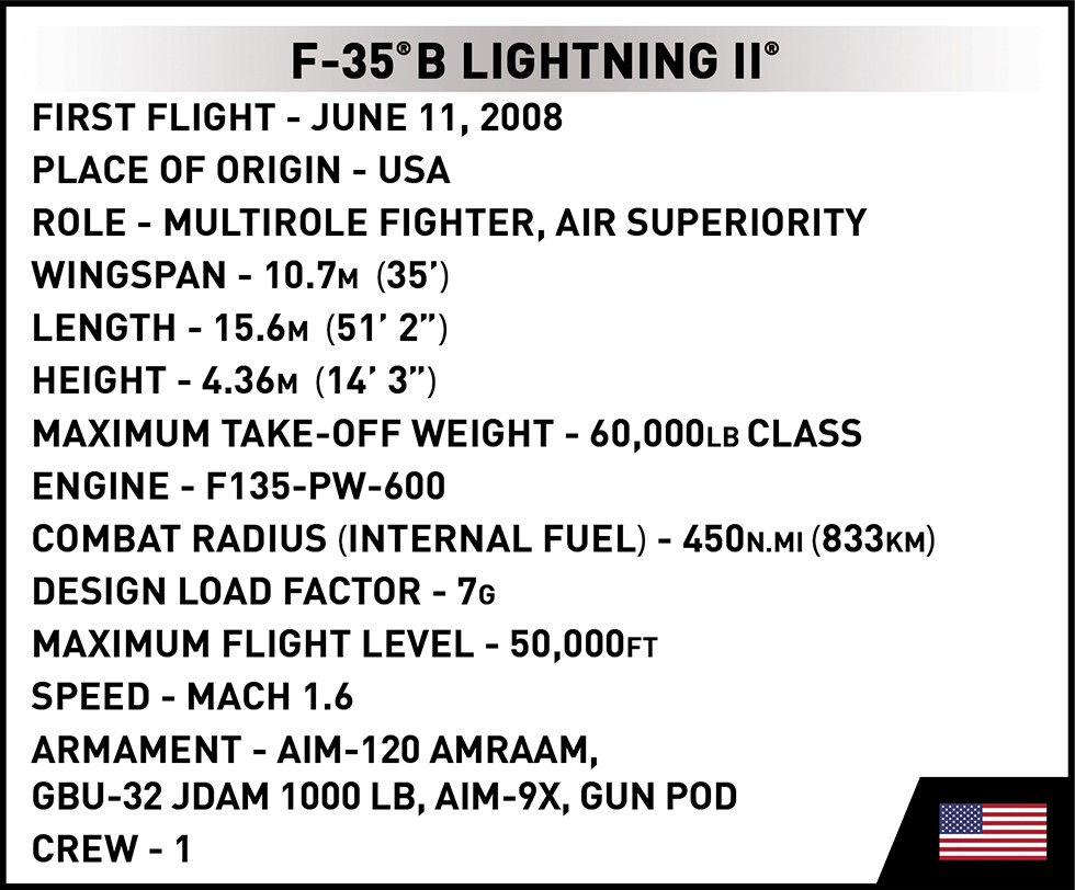 Cobi - konstruktorius f-35b lightning ii usa, 1/48, 5829