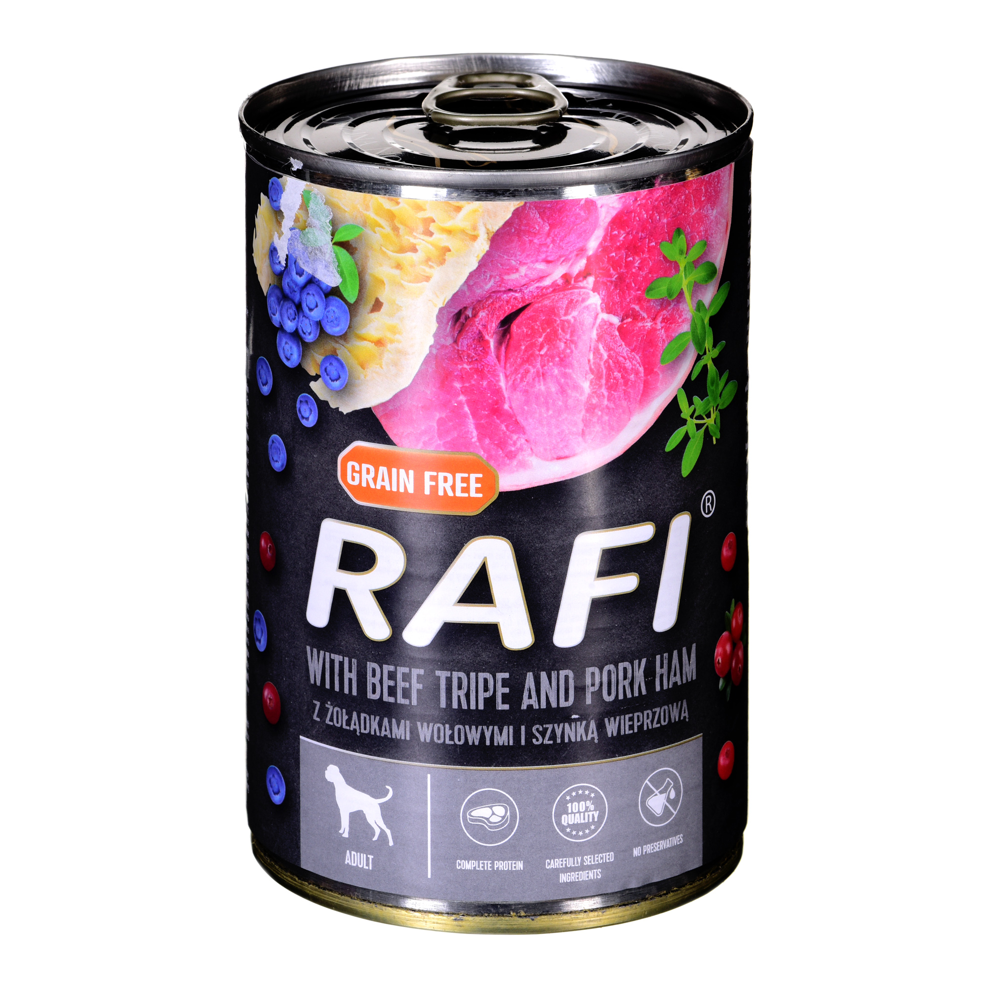 Rafi konservai šunims su jaučių skrandžiais ir kiaulienos kumpiu, 400 g