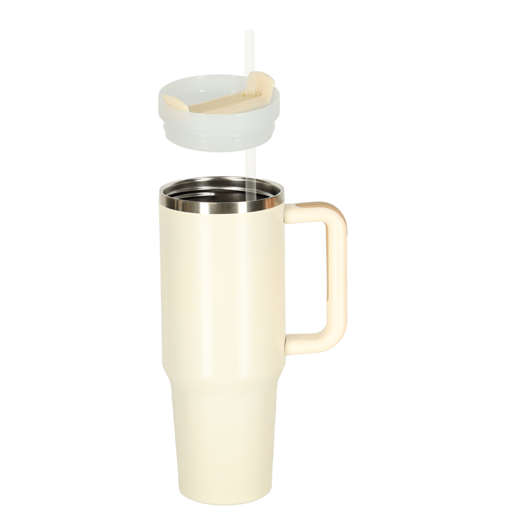 Termo puodelis su šiaudeliu ir rankena, 1200 ml, kreminės spalvos