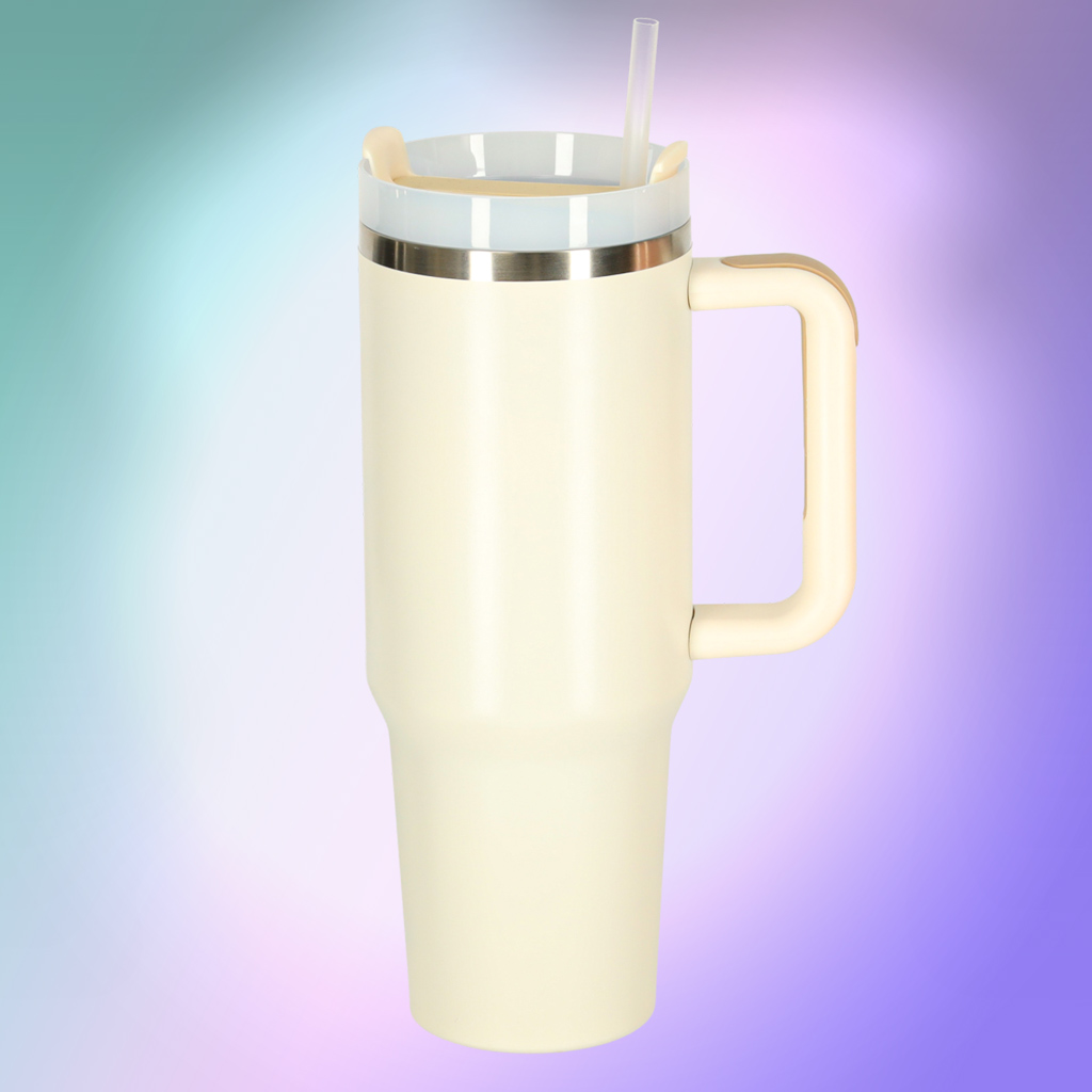 Termo puodelis su šiaudeliu ir rankena, 1200 ml, kreminės spalvos