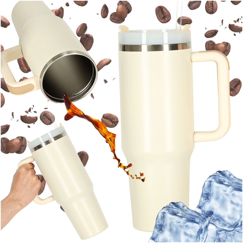 Termo puodelis su šiaudeliu ir rankena, 1200 ml, kreminės spalvos