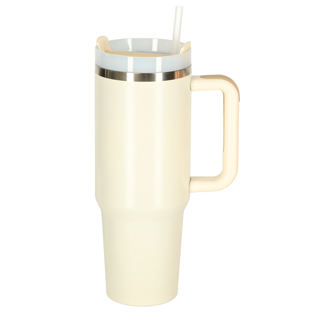 Termo puodelis su šiaudeliu ir rankena, 1200 ml, kreminės spalvos