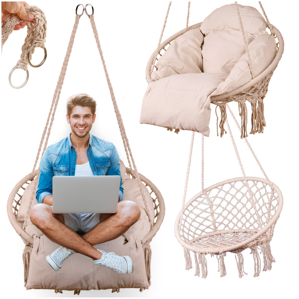 Lauko pakabinama kėdė krėslas su pagalve XXL 120 kg Boho style, rožinis