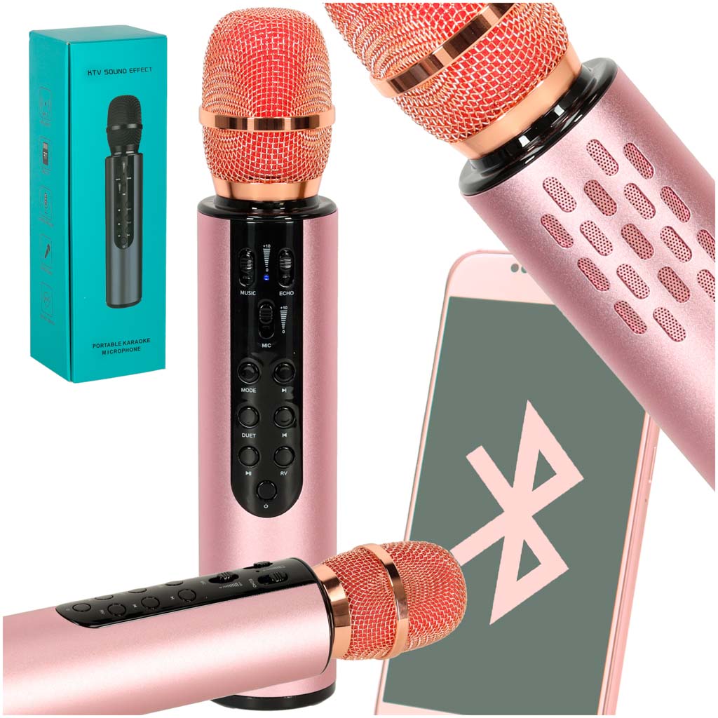 "bluetooth" belaidis karaokės mikrofonas rožinės spalvos
