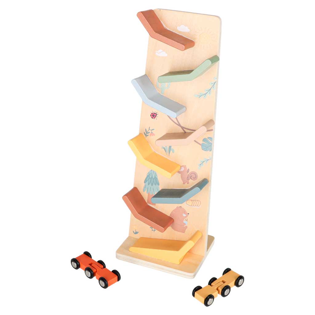 Medinis automobilių nusileidimo takelis, 8 lygių, įvairiaspalvis, 31 × 11 × 9 cm, su 2 automobiliais 3