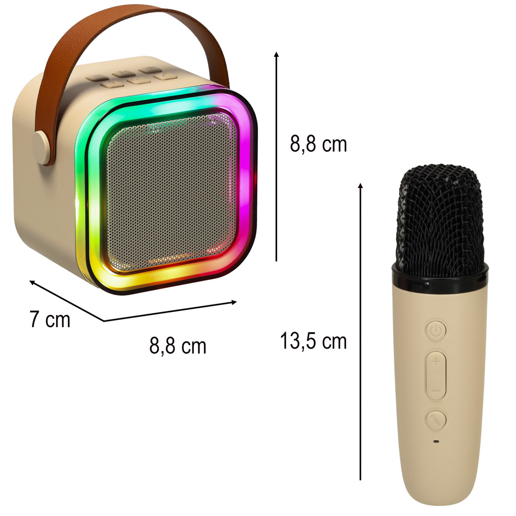 Karaokės rinkinys 2 mikrofonai + nešiojamas garsiakalbis bluetooth usb led smėlio spalvos