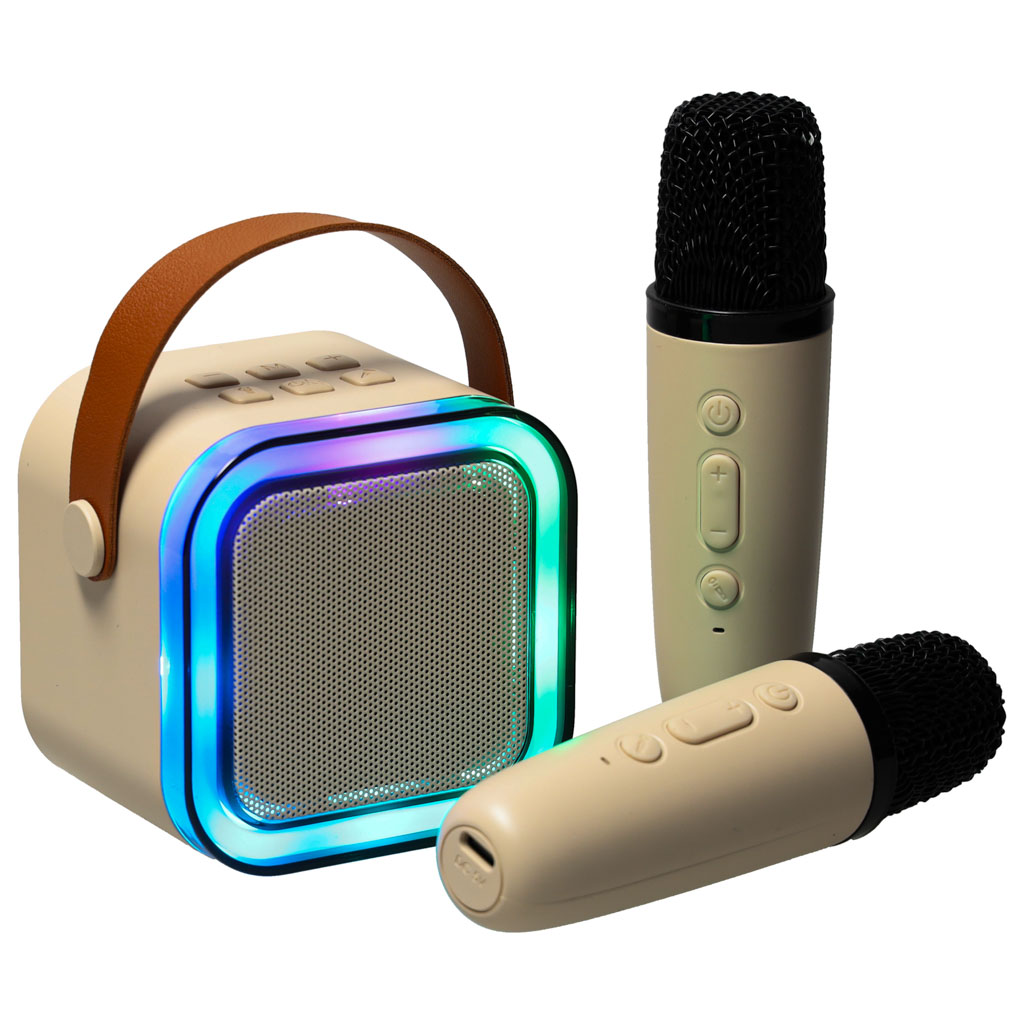 Karaokės rinkinys 2 mikrofonai + nešiojamas garsiakalbis bluetooth usb led smėlio spalvos