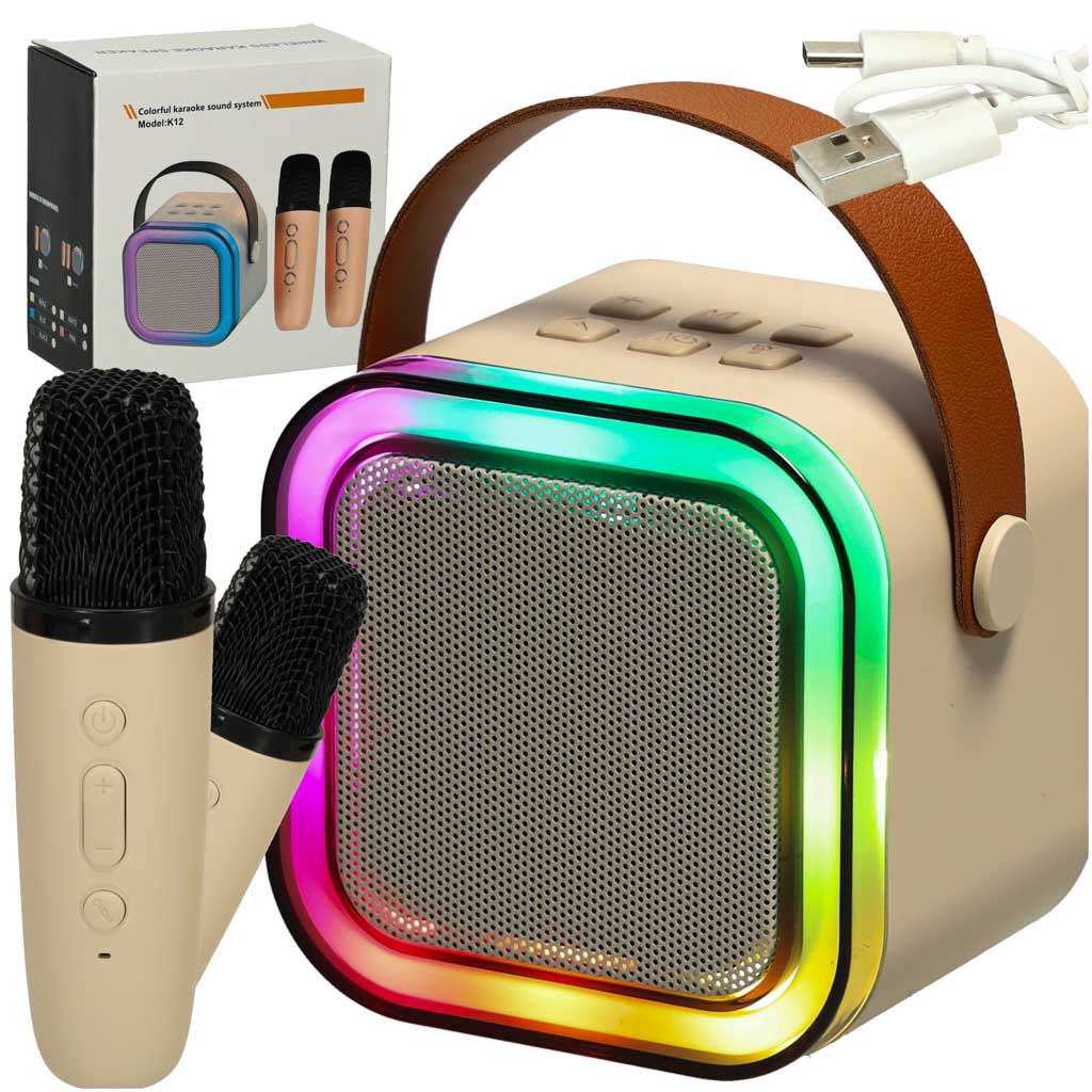 Karaokės rinkinys 2 mikrofonai + nešiojamas garsiakalbis bluetooth usb led smėlio spalvos