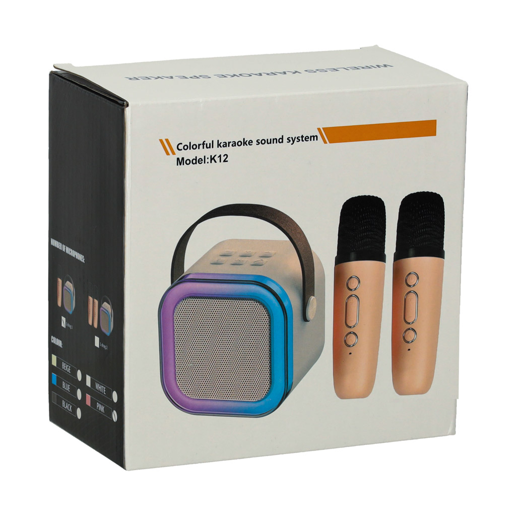 Karaokės rinkinys 2 mikrofonai + nešiojamas garsiakalbis bluetooth usb led smėlio spalvos
