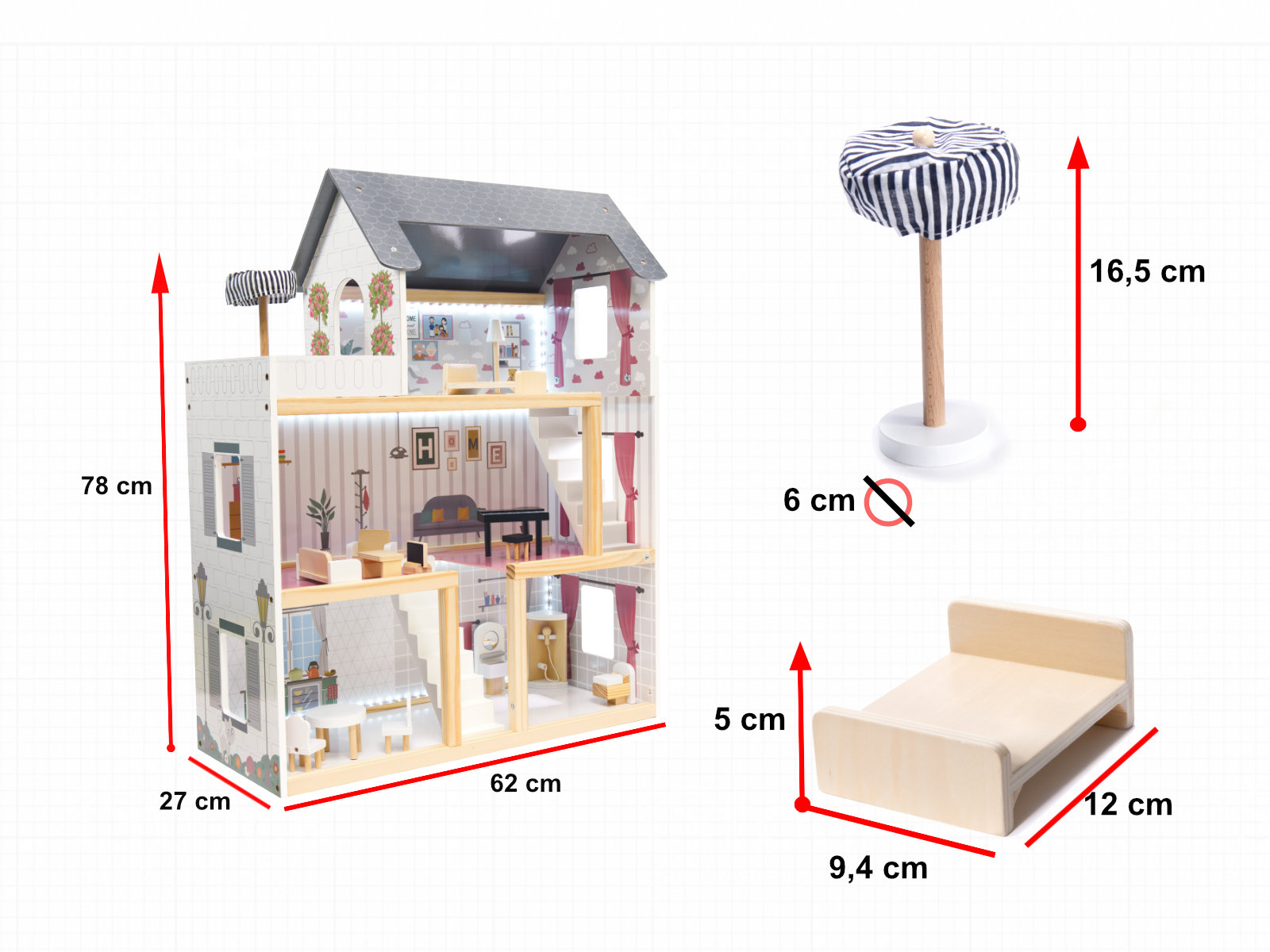 Medinis lėlių namelis mdf su led apšvietimu ir baldais 78 cm