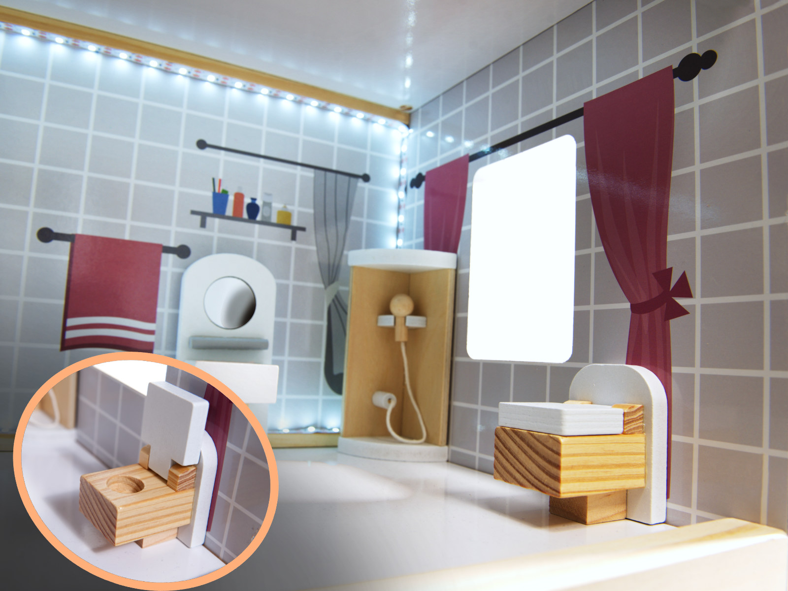 Medinis lėlių namelis mdf su led apšvietimu ir baldais 78 cm