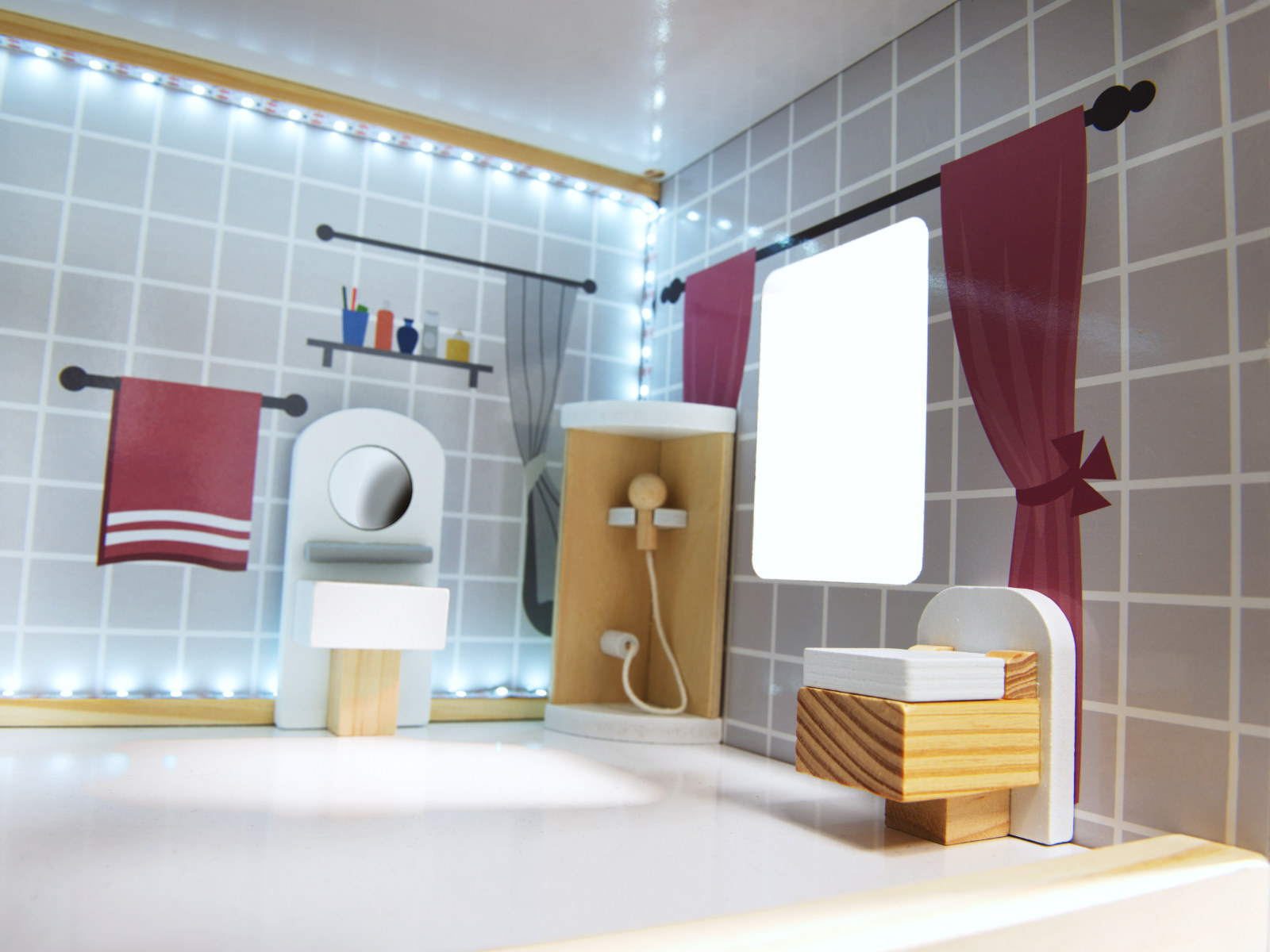 Medinis lėlių namelis mdf su led apšvietimu ir baldais 78 cm