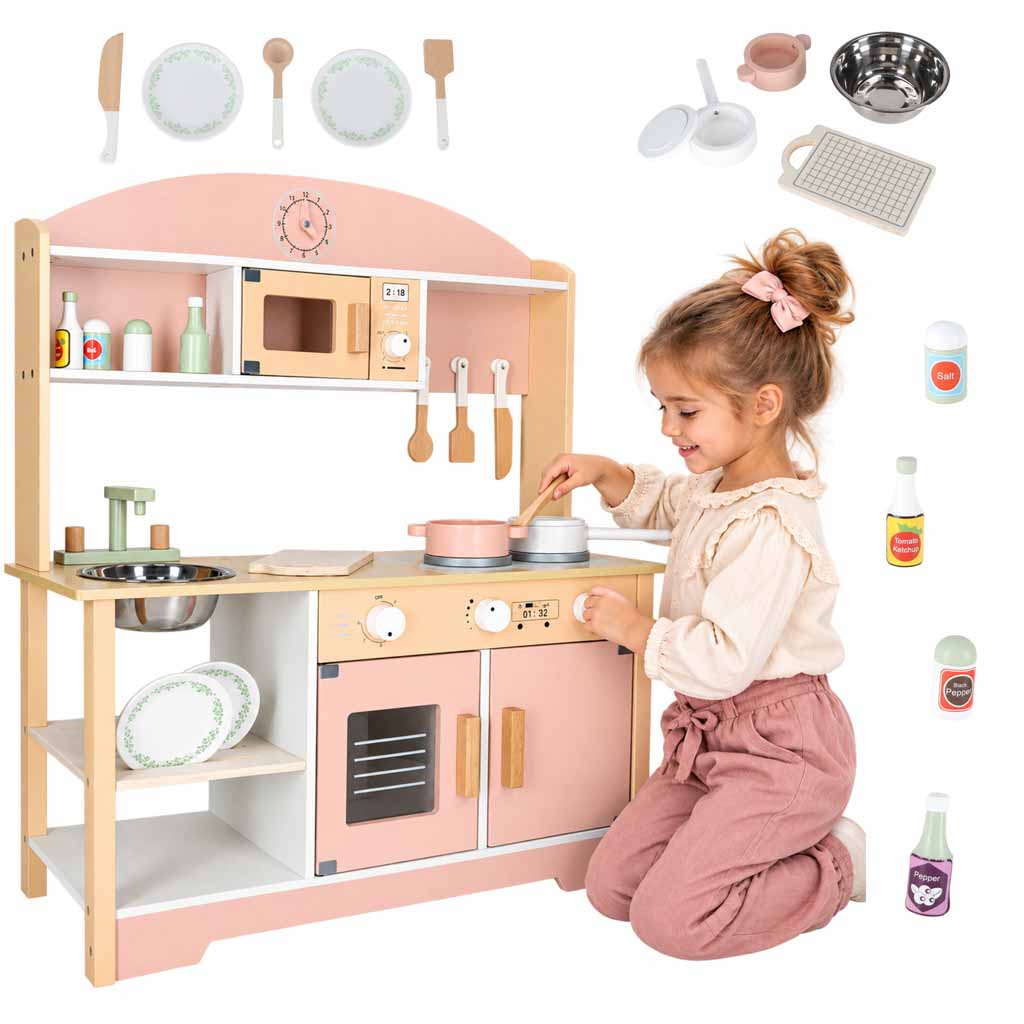 Vaikiška virtuvėlė iš MDF su priedais, rožinė, 81 cm