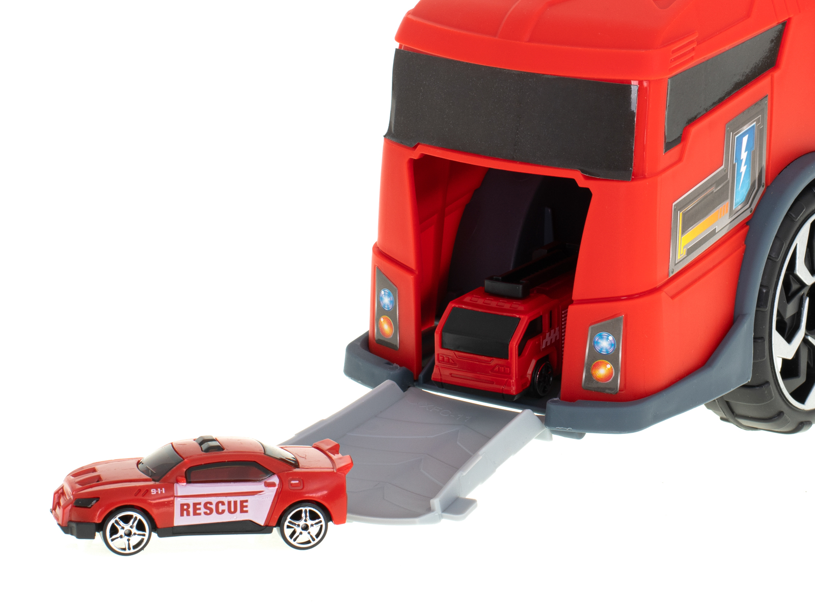 Transporterio sunkvežimis tir 2in1 automobilių stovėjimo aikštelė, gaisrinė + 3 automobiliai raudona