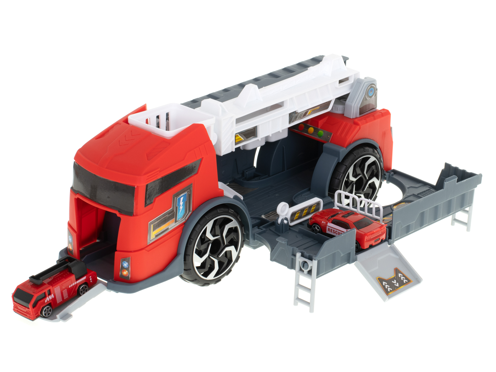 Transporterio sunkvežimis tir 2in1 automobilių stovėjimo aikštelė, gaisrinė + 3 automobiliai raudona