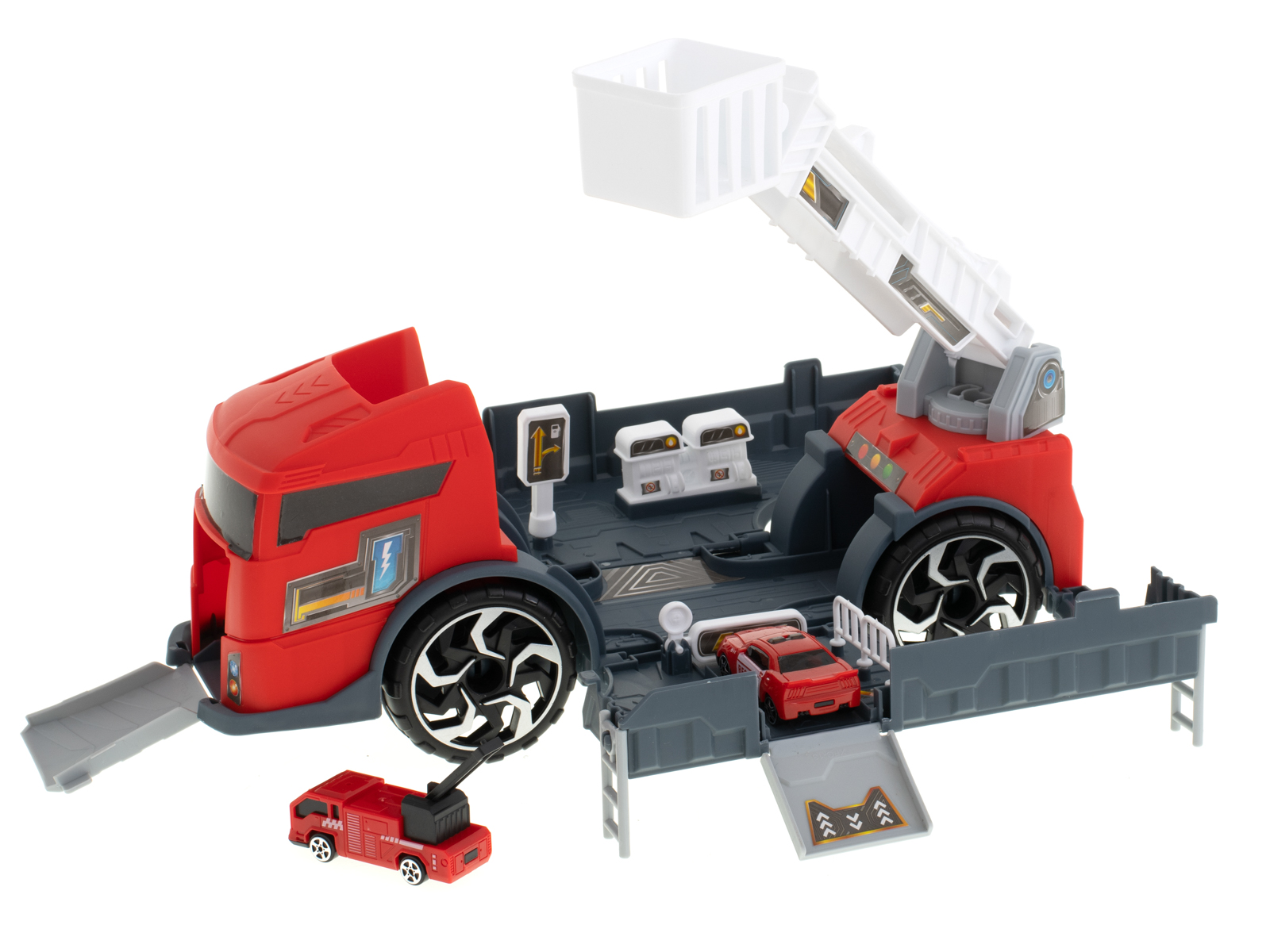Transporterio sunkvežimis tir 2in1 automobilių stovėjimo aikštelė, gaisrinė + 3 automobiliai raudona
