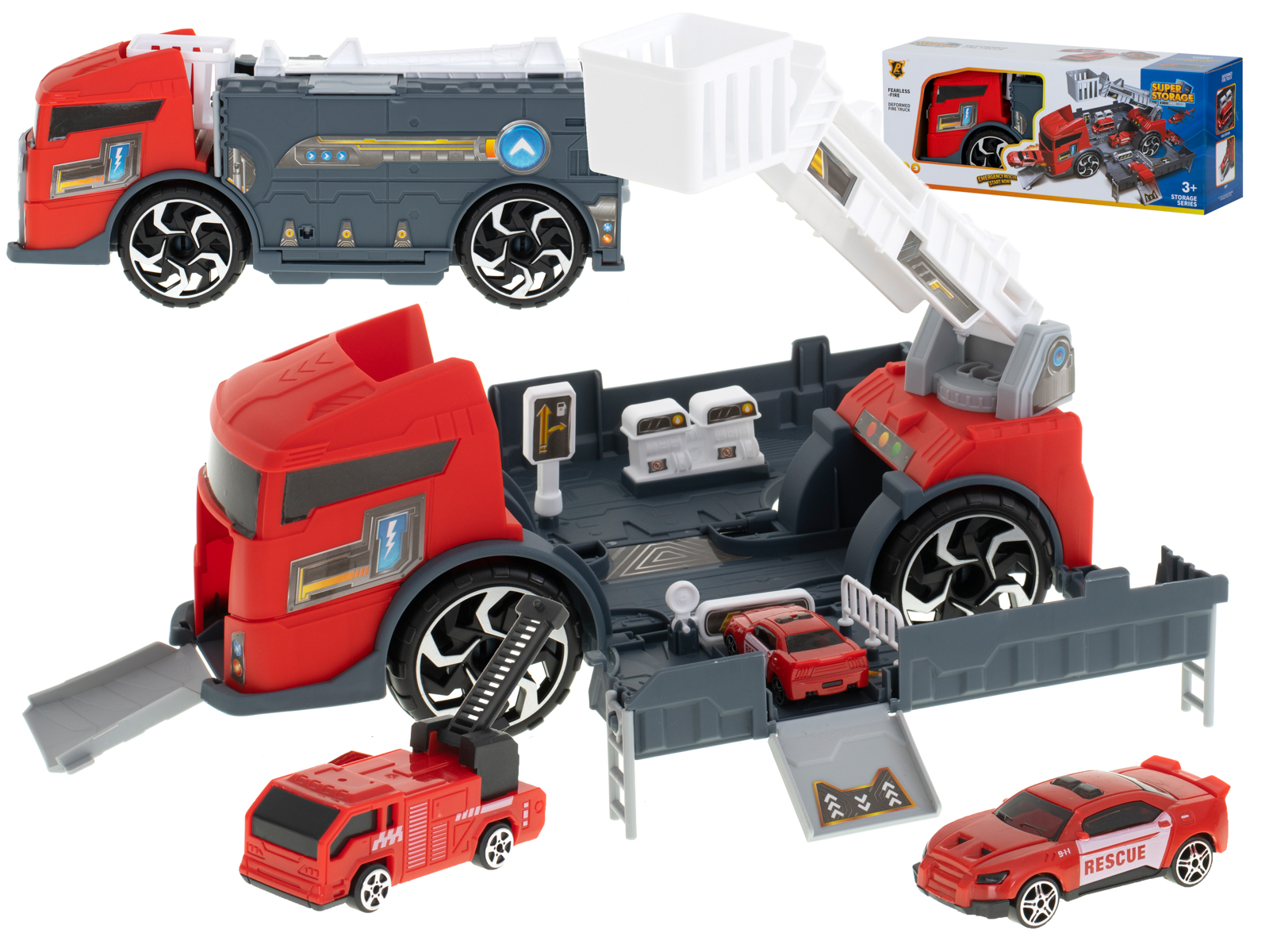 Transporterio sunkvežimis tir 2in1 automobilių stovėjimo aikštelė, gaisrinė + 3 automobiliai raudona