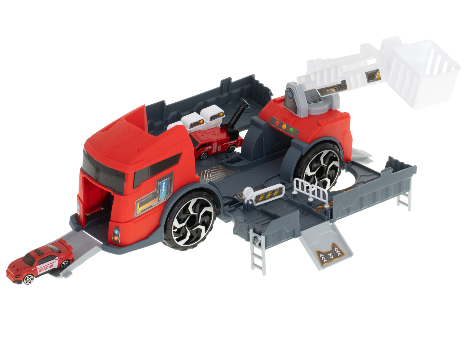 Transporterio sunkvežimis tir 2in1 automobilių stovėjimo aikštelė, gaisrinė + 3 automobiliai raudona
