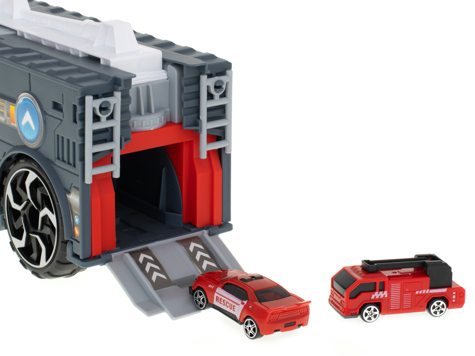 Transporterio sunkvežimis tir 2in1 automobilių stovėjimo aikštelė, gaisrinė + 3 automobiliai raudona