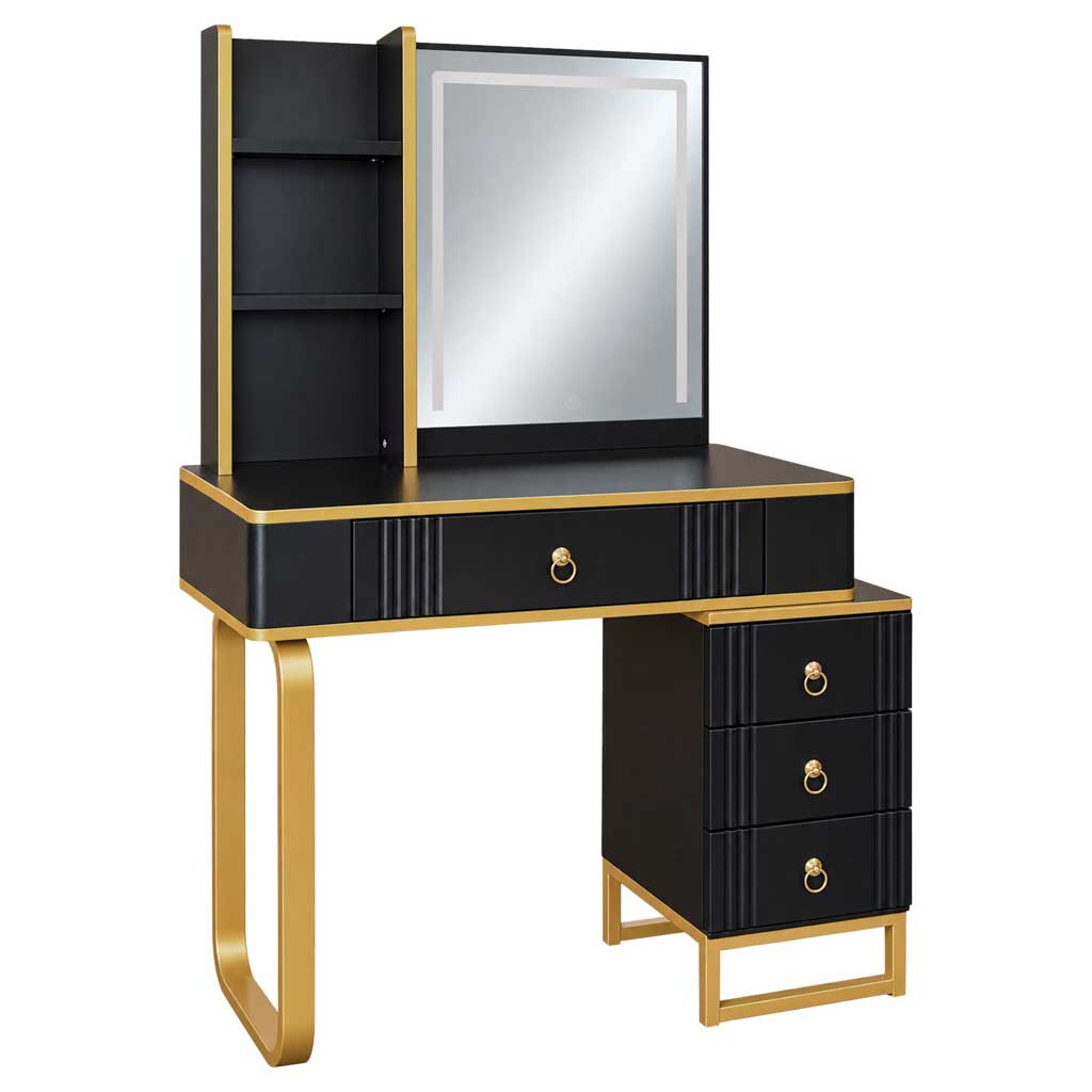 Kosmetinis staliukas su LED veidrodžiu ir USB įkrovimo skydeliu, juodas su auksinėmis detalėmis, 138 x 87 x 40 cm