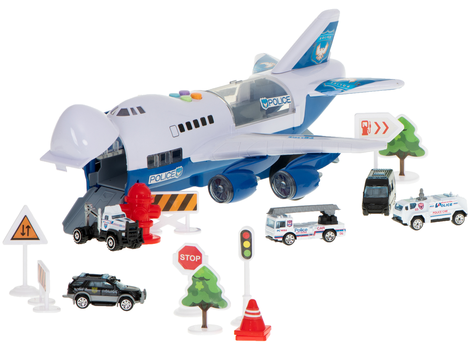 Transporterio lėktuvas + 6 automobiliai policijos šonas/priekyje
