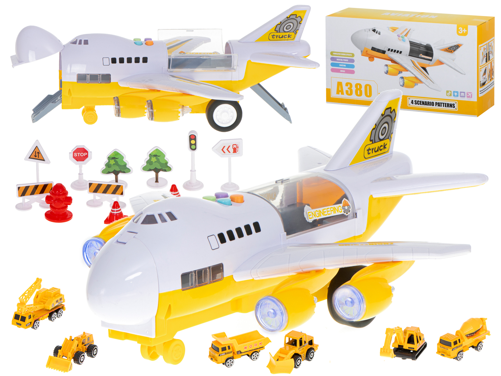 Transporterio lėktuvas + 6 automobiliai statybinės transporto priemonės šonas/priekyje