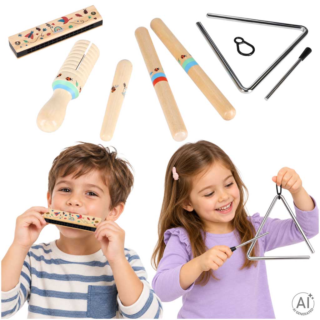Muzikinių instrumentų rinkinys vaikams, medinis, 6 vnt.