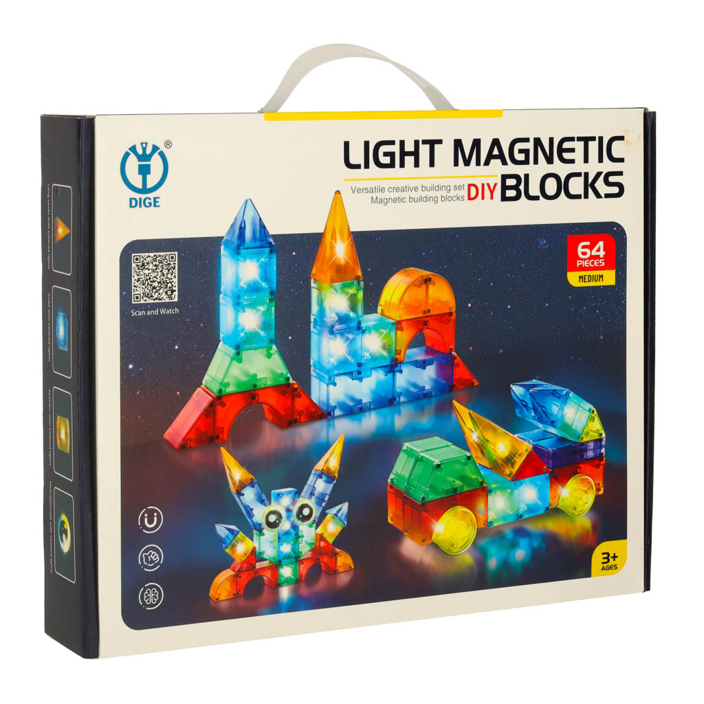 3d led konstrukcinės magnetinės kaladėlės dige, 64 vnt.