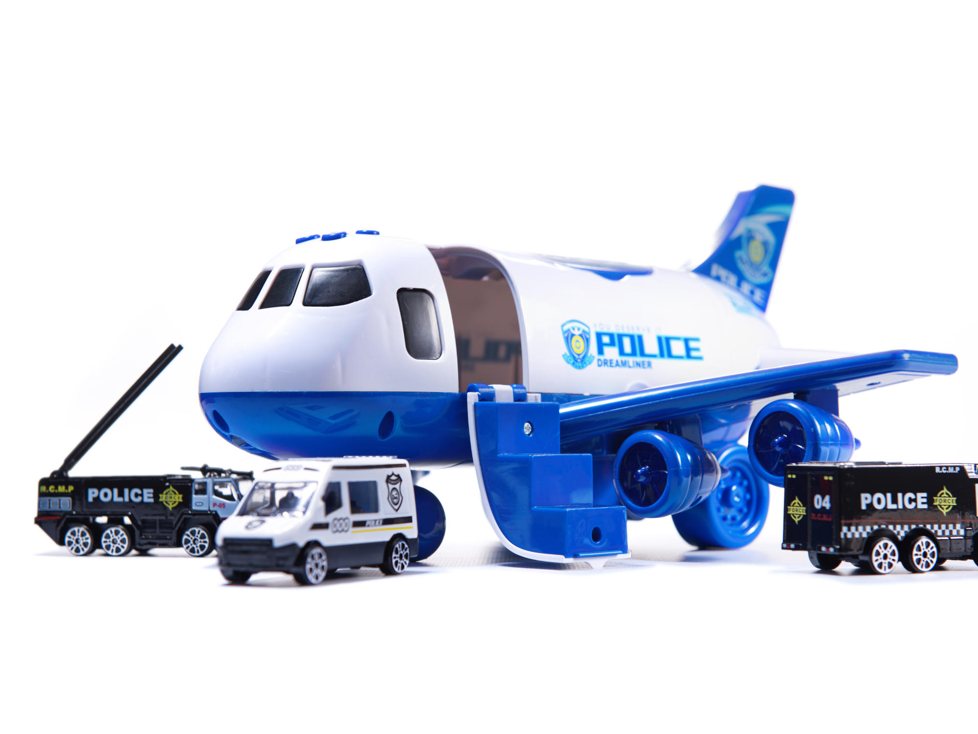 Žaislinis lėktuvas su 3 policijos automobiliais six six zero 1:64