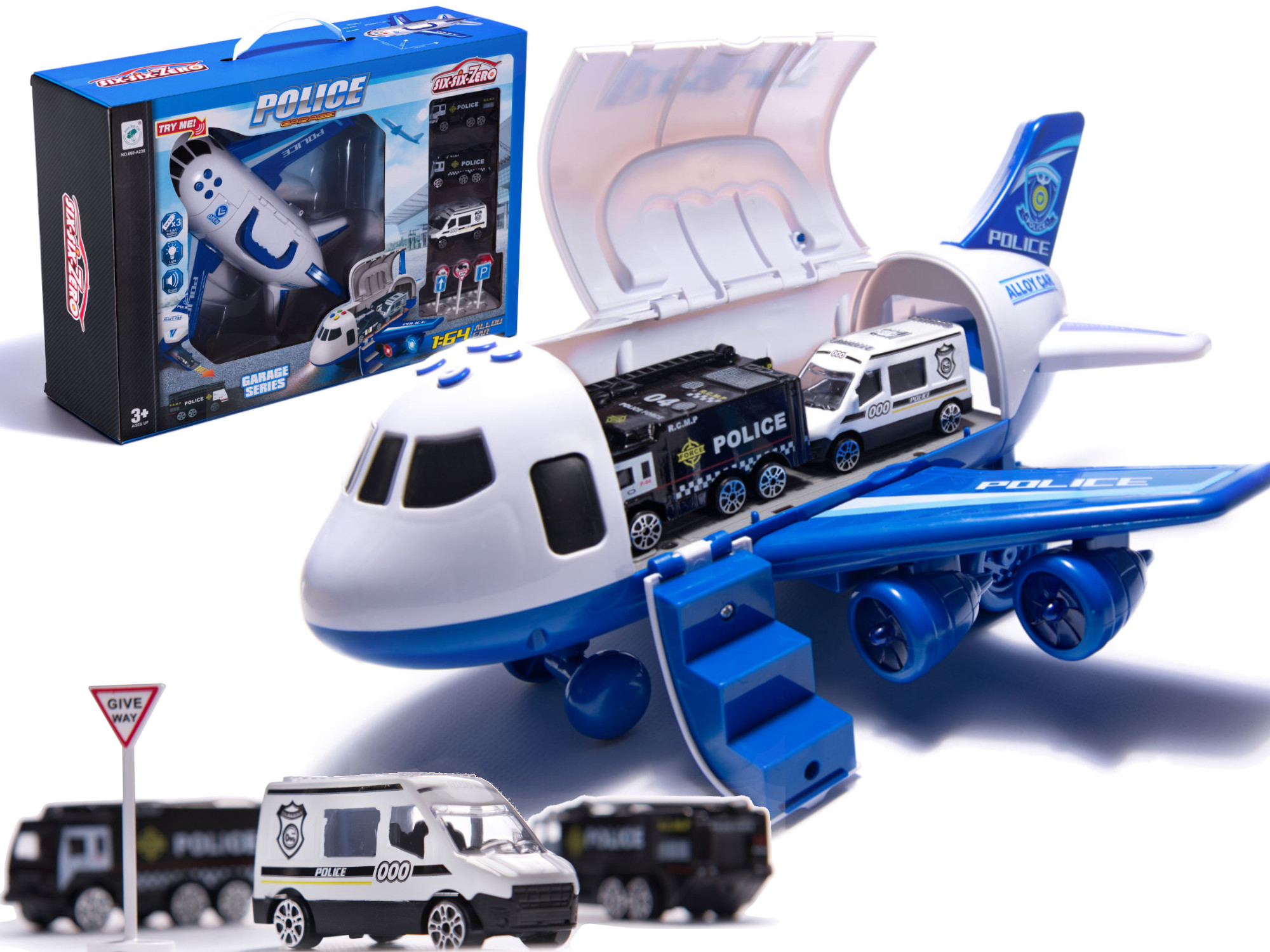 Žaislinis lėktuvas su 3 policijos automobiliais six six zero 1:64