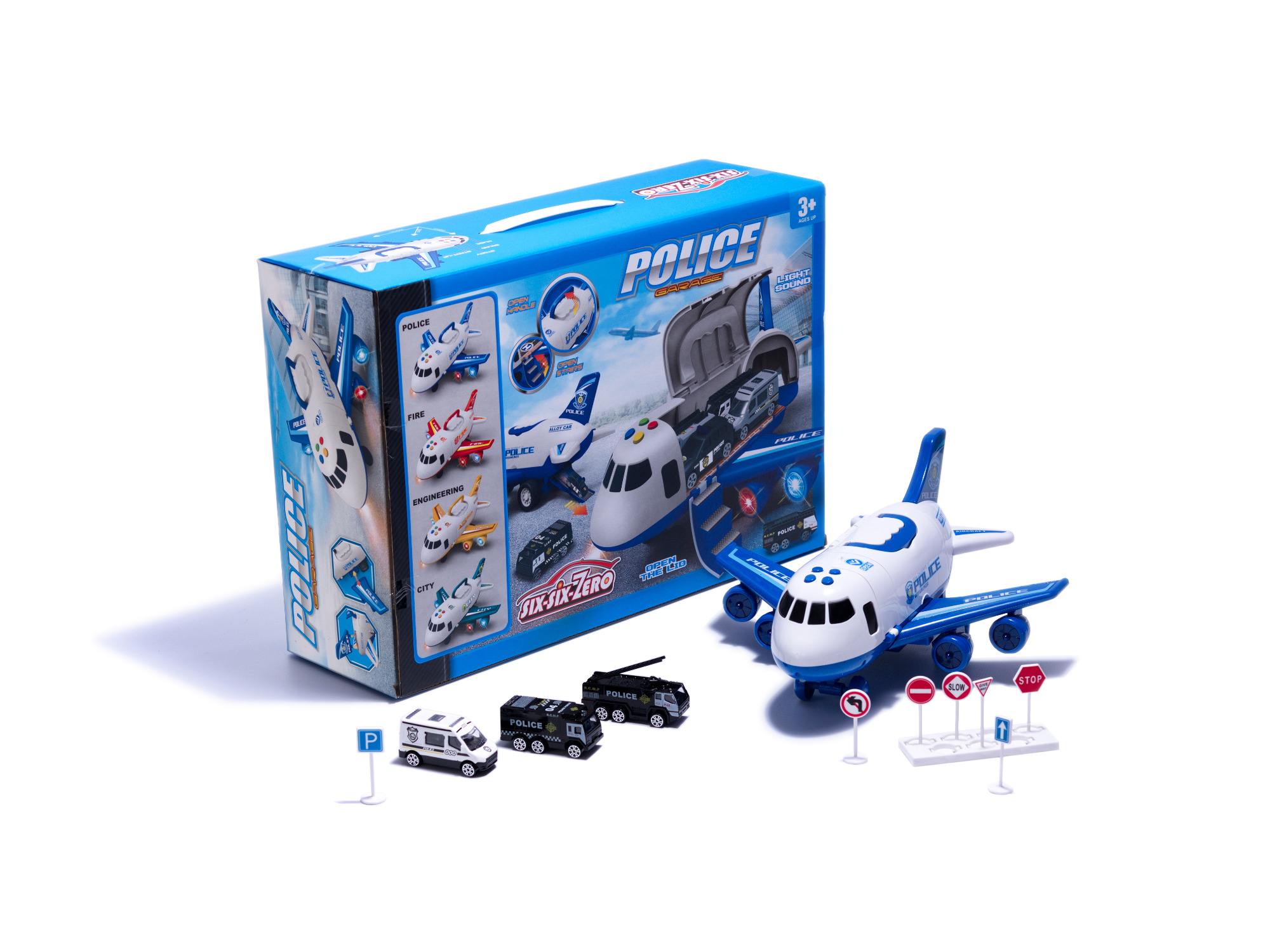 Žaislinis lėktuvas su 3 policijos automobiliais six six zero 1:64