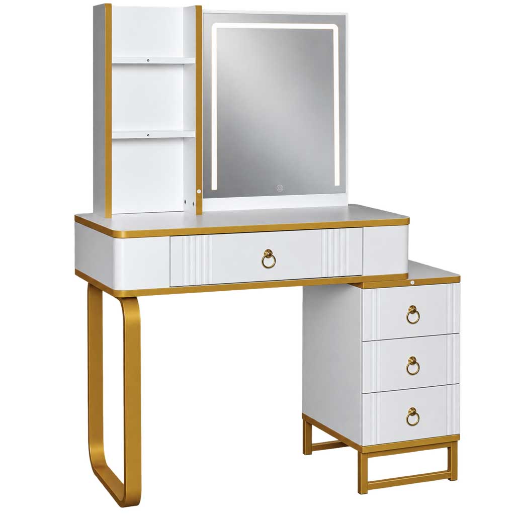 Kosmetinis staliukas su LED veidrodžiu ir USB įkrovimo panele, baltas su auksinėmis detalėmis, 138 x 87 x 40 cm 2